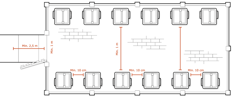 Tegningen viser kravene til, hvordan du etablerer en affaldsgård med beholdere. Vi har også forklaret de samme krav med ord på denne side.