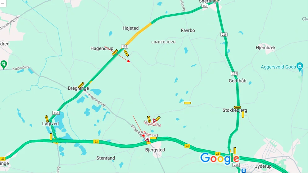 Kortudsnit, der viser spærring af vej v. Bjergstedvej nr. 58 samt mulig omkørselsrute